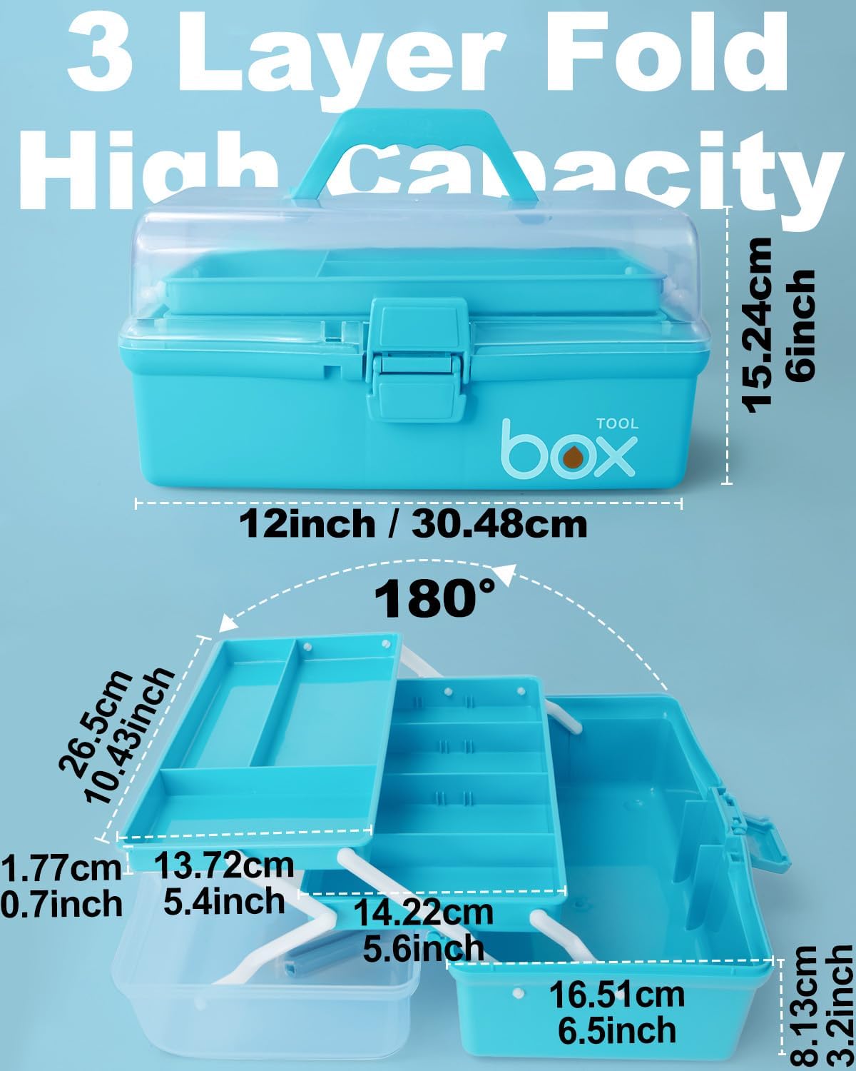 Skiennix 12-Inch 3-Layer Craft Organizer - Portable Folding Tackle Box with Adjustable Dividers | Blue