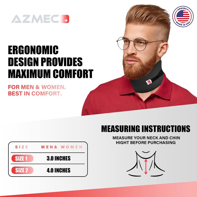 Azmec Universal Narrow Neck Brace Support - Soft Foam Cervical Collar - Adjustable Velcro Strap For Neck Sprain Relieves Pain and Pressure Stabilizes Vertebrae For Men or Woman (2" Inch Black)
