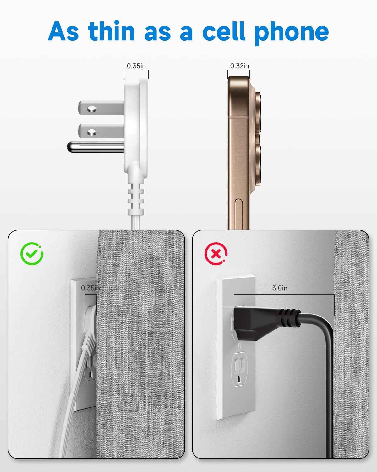 Flat Plug 1Ft Short Extension Cord, White 90-Degree Plug Low Profile Power Adapter, 3-Prong Indoor Grounded Small Extension Cord 16AWG 13A 1625W 6 Pack