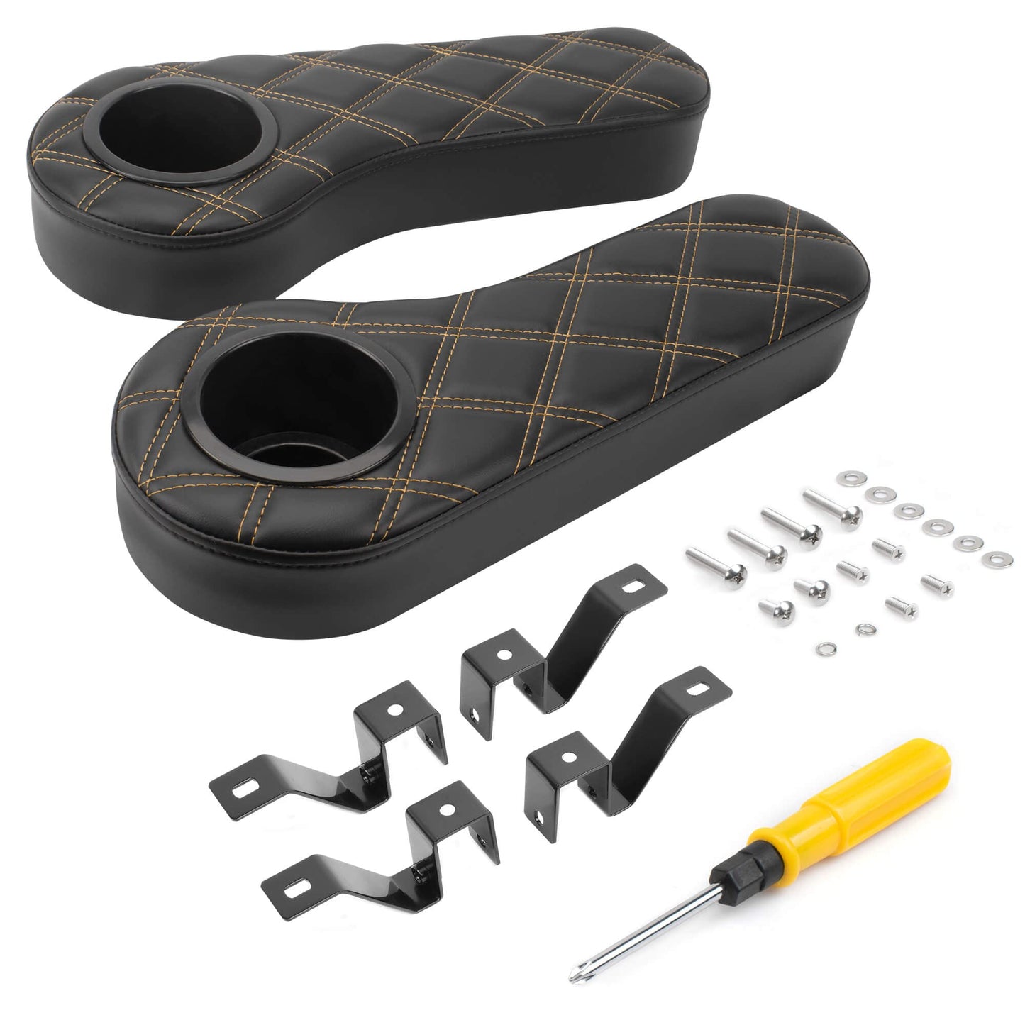 NOKINS Golf Cart Armrest with Cup Holder for EZGO/Club Car/Yamaha & Most Golf Cart,Stainless Steel Support Frame Sturdy Without Tilting No Drilling,Fit 1" Square Tube Frame (Diamond Black)