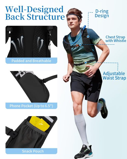 Hydration Backpack with 2L Water Bladder, Hiking Water Backpack for Men Women with Phone Pocket and Helmet Holder, Hydration Pack for Running Biking and Cycling, Black