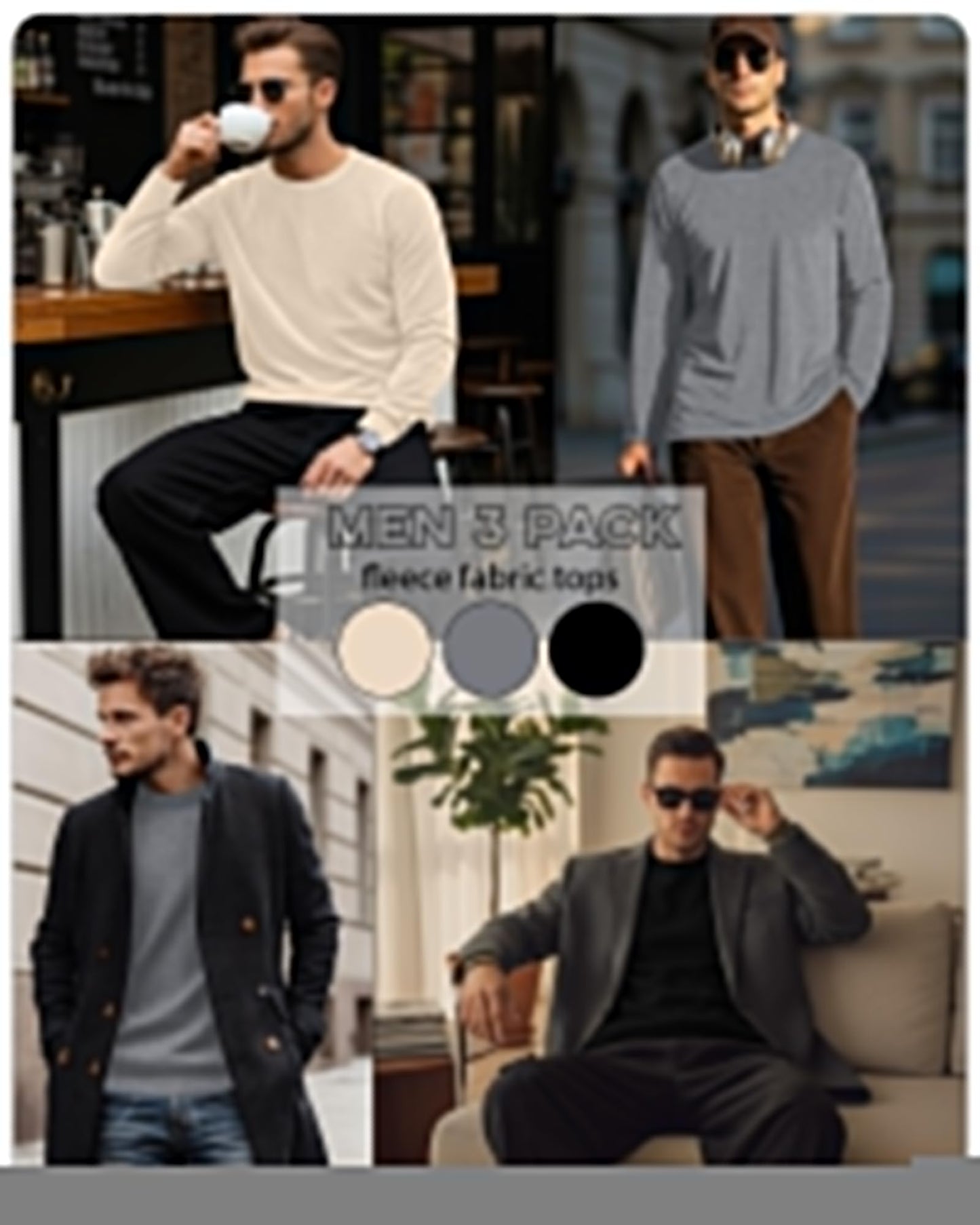 Velvelhall 3 Pack Mens Long Sleeve Shirts Crew Neck Thermal T-Shirt Thick Pullover Basic Tops Casual Comfortable Sweatshirt(Apricot, Light Gray, Black,Large)