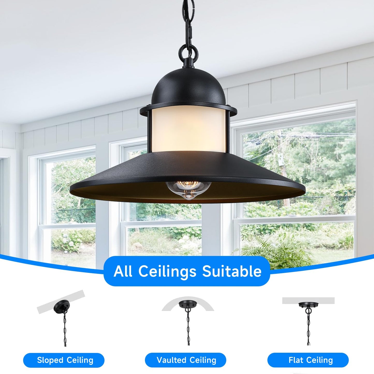 DOCIUEON Outdoor Pendant Light 2 Pack, Modern Outside Chandelier Outdoor Hanging Lantern Light in Matte Black with Frosted Glass, Exterior Pendant Lighting Fixture Ceiling Mount for Porch Patio Gazebo
