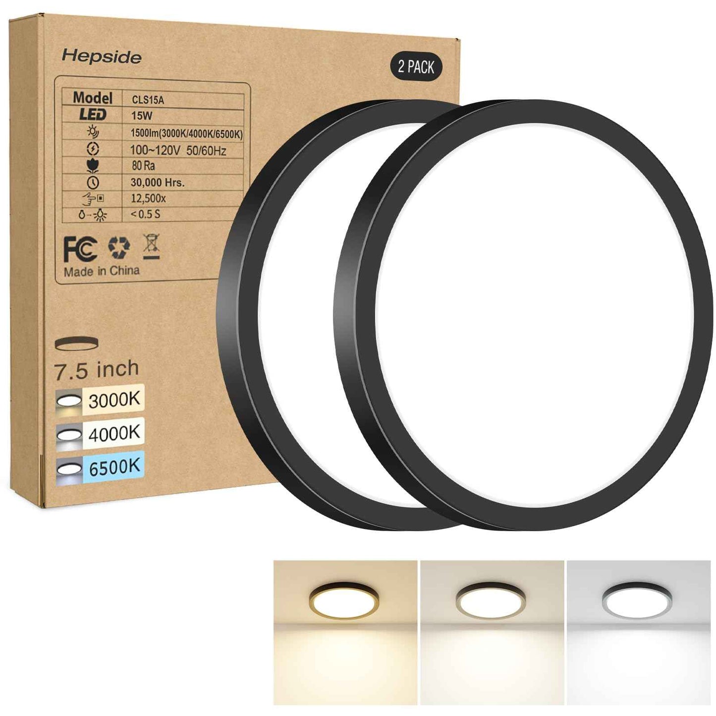 2PACK LED Flush Mount Ceiling Light - 3CCT Selectable 3000K-4000K-6500K & 100W Equivalent Modern Kitchen Recessed Ceiling Lamp 15W 1500Lm 7.5 Inch for Bathroom Closet Laundry Bedroom