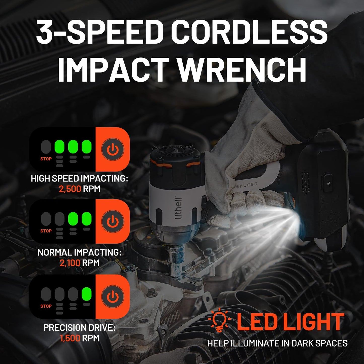 LiTHELi Cordless Impact Wrench, 1/2 Inch Hog Ring Brushless Impact Gun with 12,500 mAh Battery, Variable Speeds Impact Driver for Car Home, Charger not Included