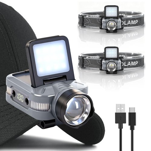 Foleto 2-Pack Rechargeable Hat Clip Lights, 900 Lumens Zoomable & Dimmable LED Headlamp Flashlight with 180° Adjustable Clip, 6 Modes, Long Battery Life for Running, Camping, Hiking, Working