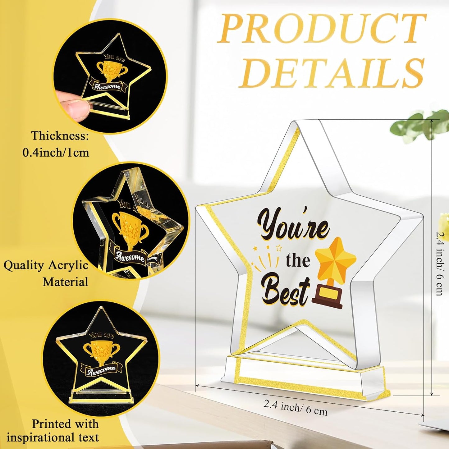 Treela 6 Pcs Acrylic Employee Appreciation Awards - Gold Trophies for Office & Classroom Recognition