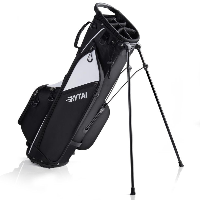 KYTAI Lightweight 7 Way Divider Golf Stand Bag for Men/Women- Dual Straps, Stable Stand, Multiple Pockets, Rain Hood & Towel Ring (Black/White)