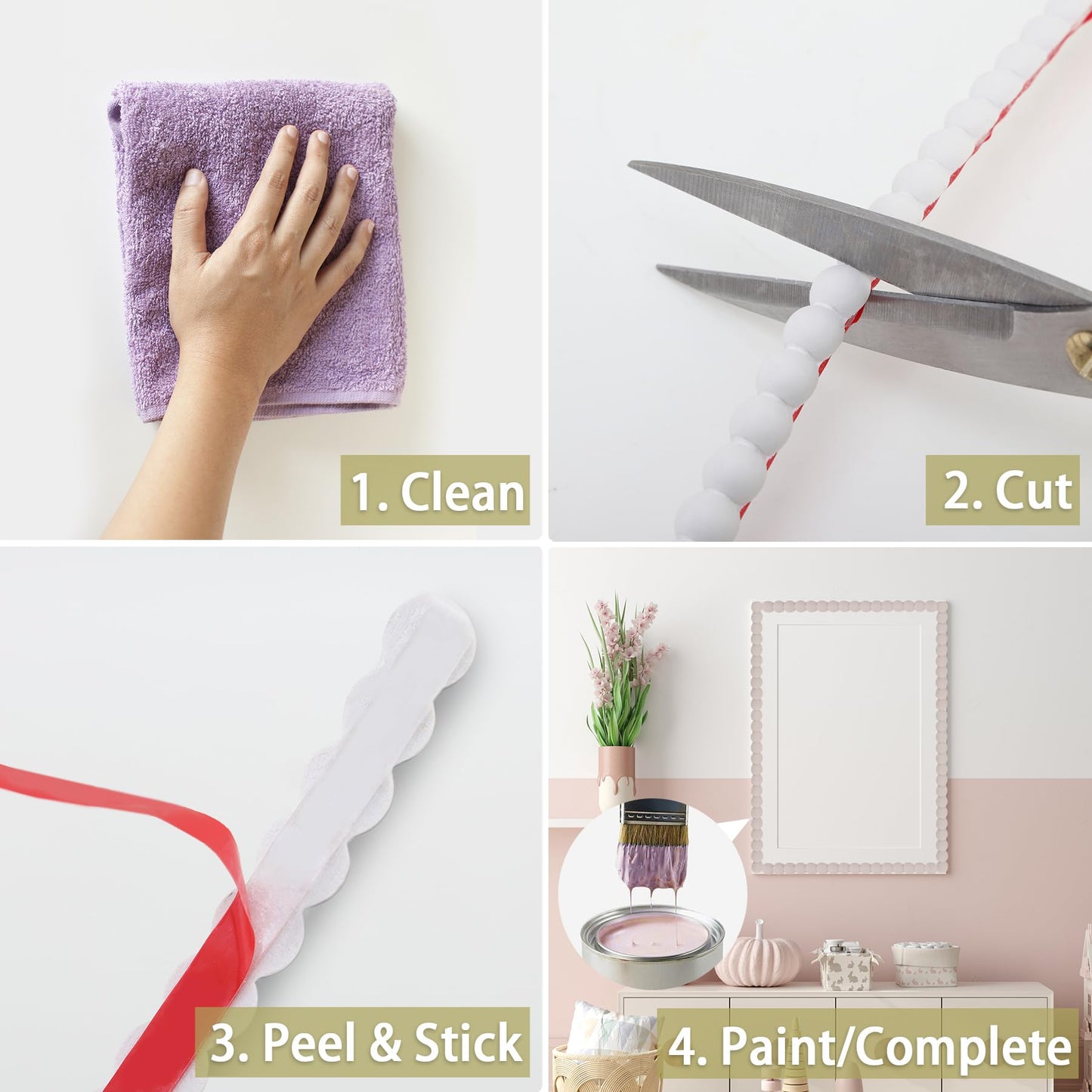 Trimold 118" x 0.39" Peel and Stick Unfinished Beaded Trim - Easy to Paint, Flexible DIY Craft Molding for Mirror Frame, Backsplash, Wall, Door, Cabinet, Dresser, Shelf