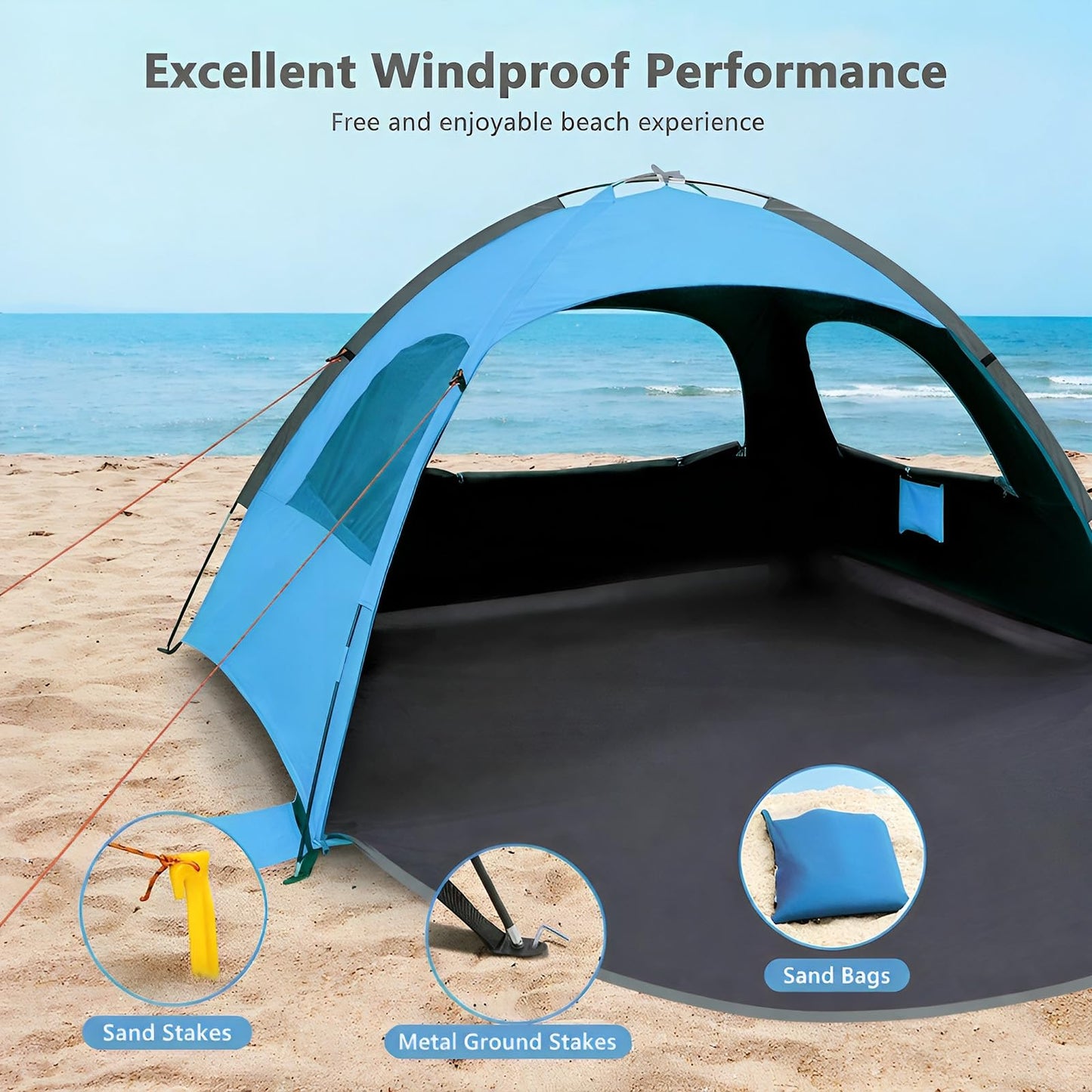 NXONE Beach Tent Sun Shade Shelter for 2-3 Person with UV Protection, Extended Floor, 3 Mesh Roll Up Windows & 8.0mm Fiberglass Rods丨Carry Bag Included (Dark Shelter-Ocean Blue)