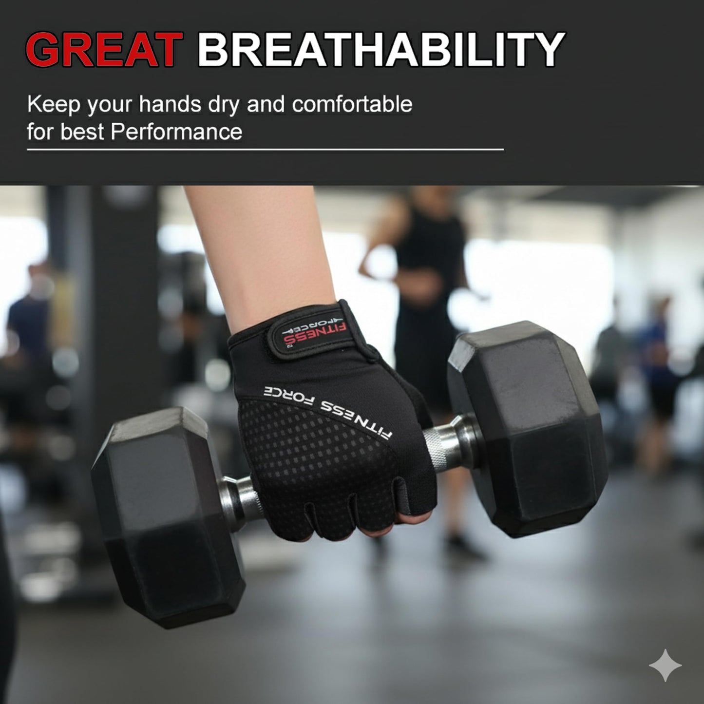 FITNESS FORCE Breathable Workout Gloves for Men and Women, Padded Weight Lifting Gloves with Full Palm Protection for Grip, Exercise, Cycling, Gym, Fitness Training (Black, Medium)