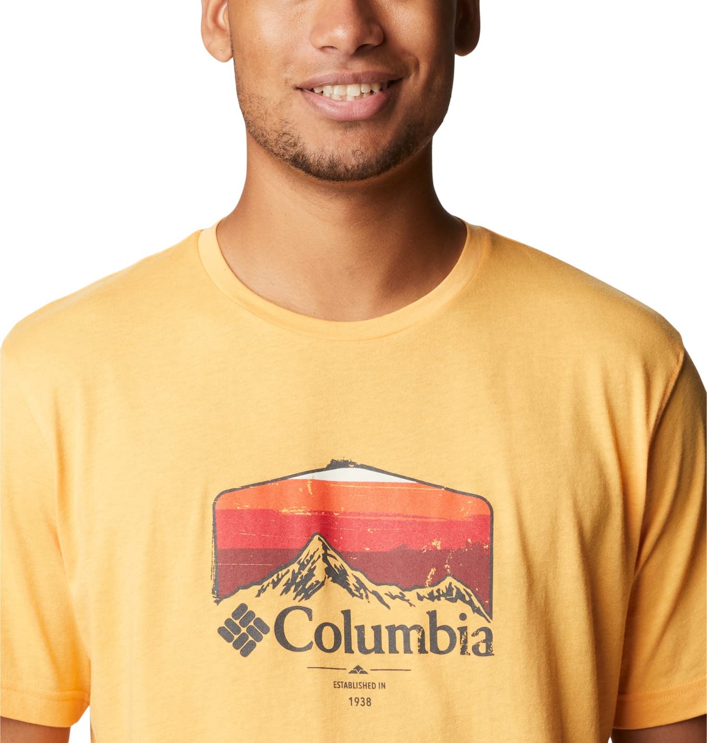Columbia Men's Thistletown Hills Graphic Short Sleeve, Mango Heather/Hikers Graphic, Medium
