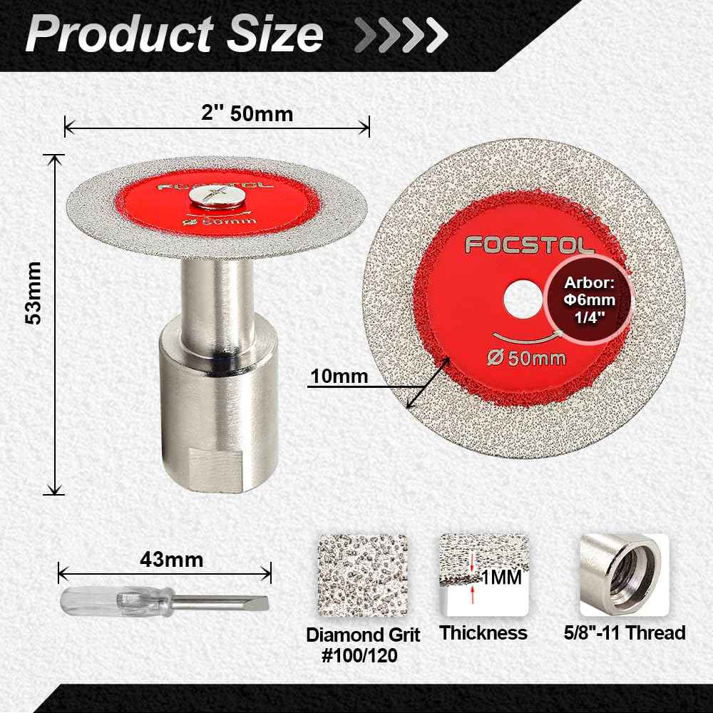 Mini Diamond Glass Cutting Disc - FOCSTOL 5pcs 2 Inch(50mm) Glass Saw Blade and 1pc 5/8''-11 Flange for Glass Jade Marble Granite Artificial Stone Porcelain Tile Ceramic