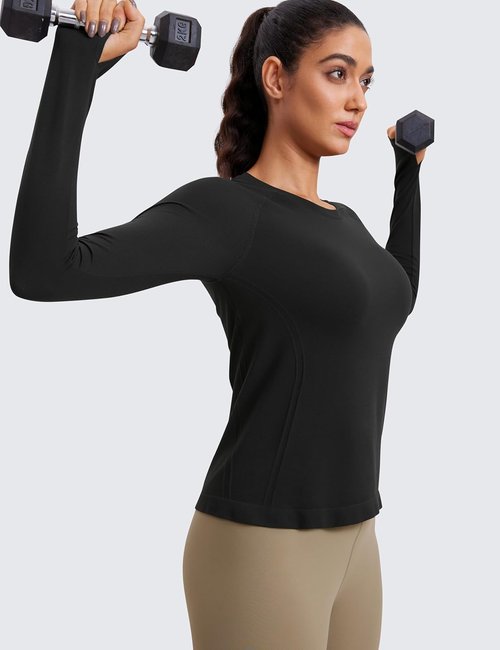 CRZ YOGA Seamless Long Sleeve Shirts for Women - Breathable Workout Tops | Waist Length Athletic Crewneck