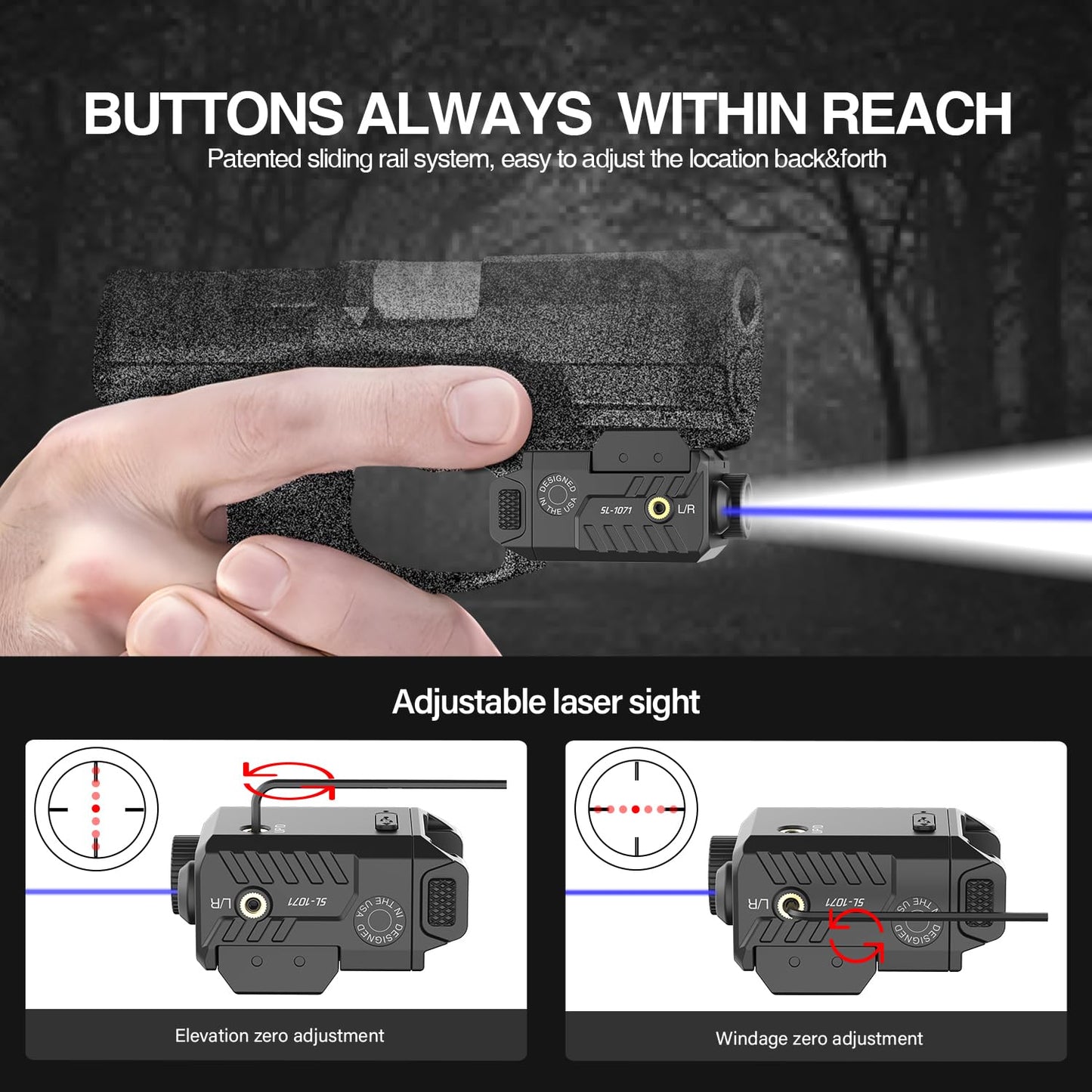 Solofish 450lm Slidable Rail Blue Laser Light Combo, Gun Sight with Strobe, Memory Function, Low Profile, Shockproof