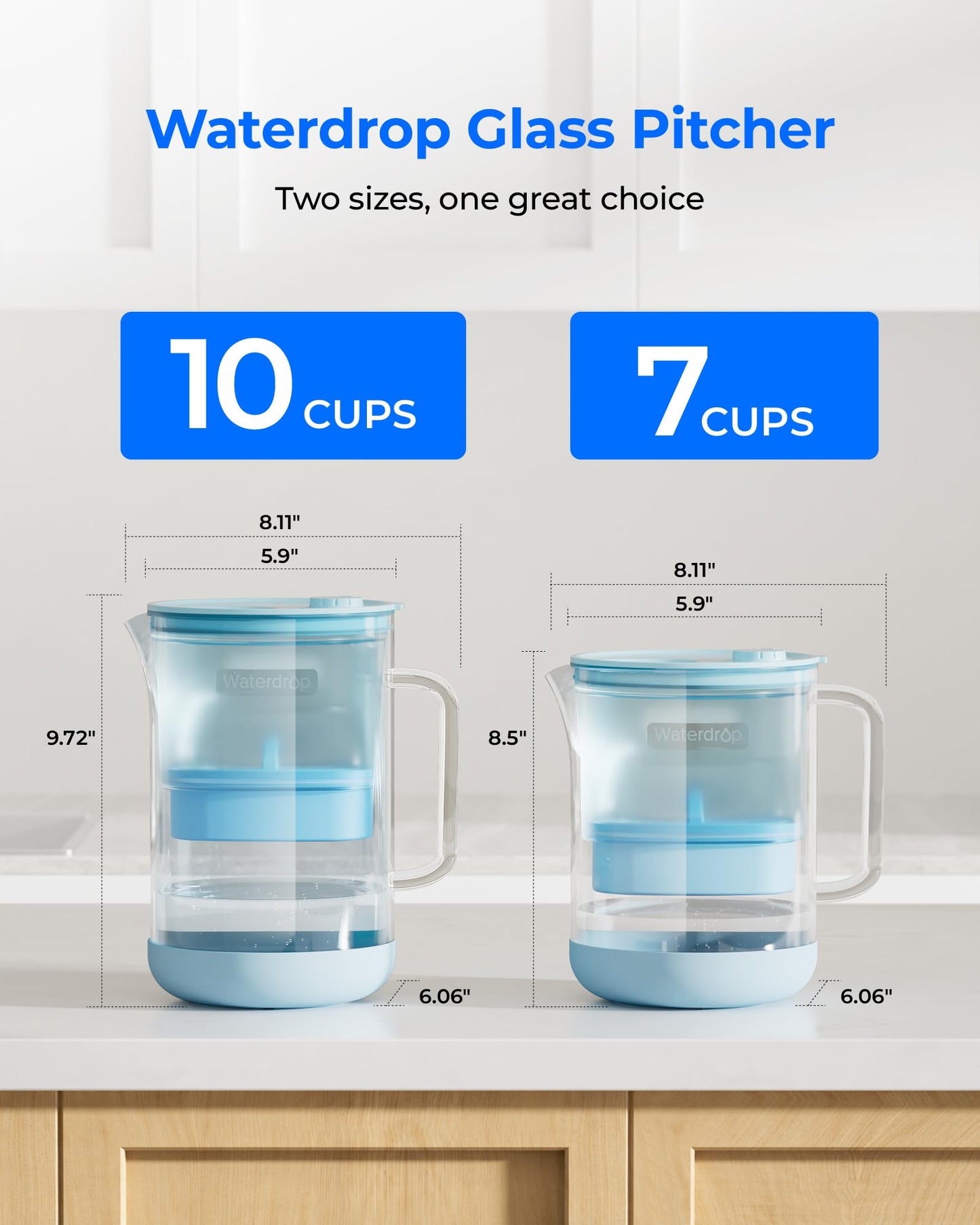 Waterdrop Large Glass Alkaline Water Filter Pitcher with 1 Filter, Enhances Alkaline Water, Eco-Friendly, 10-Cup, for Home and Office, Reduces PFOA/PFOS, Chlorine, Cadmium, Copper, Mercury, Blue