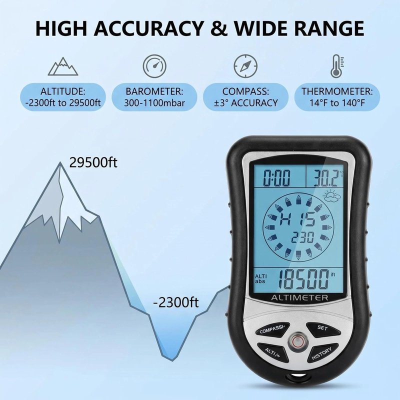 Kodrily Digital Altimeter, Digital Compass, Hiking Thermometer, Barometer 8 in 1 for Hiking Outside -2300 to 29500FT 1100MBAR, 300mbar to 1100mbar