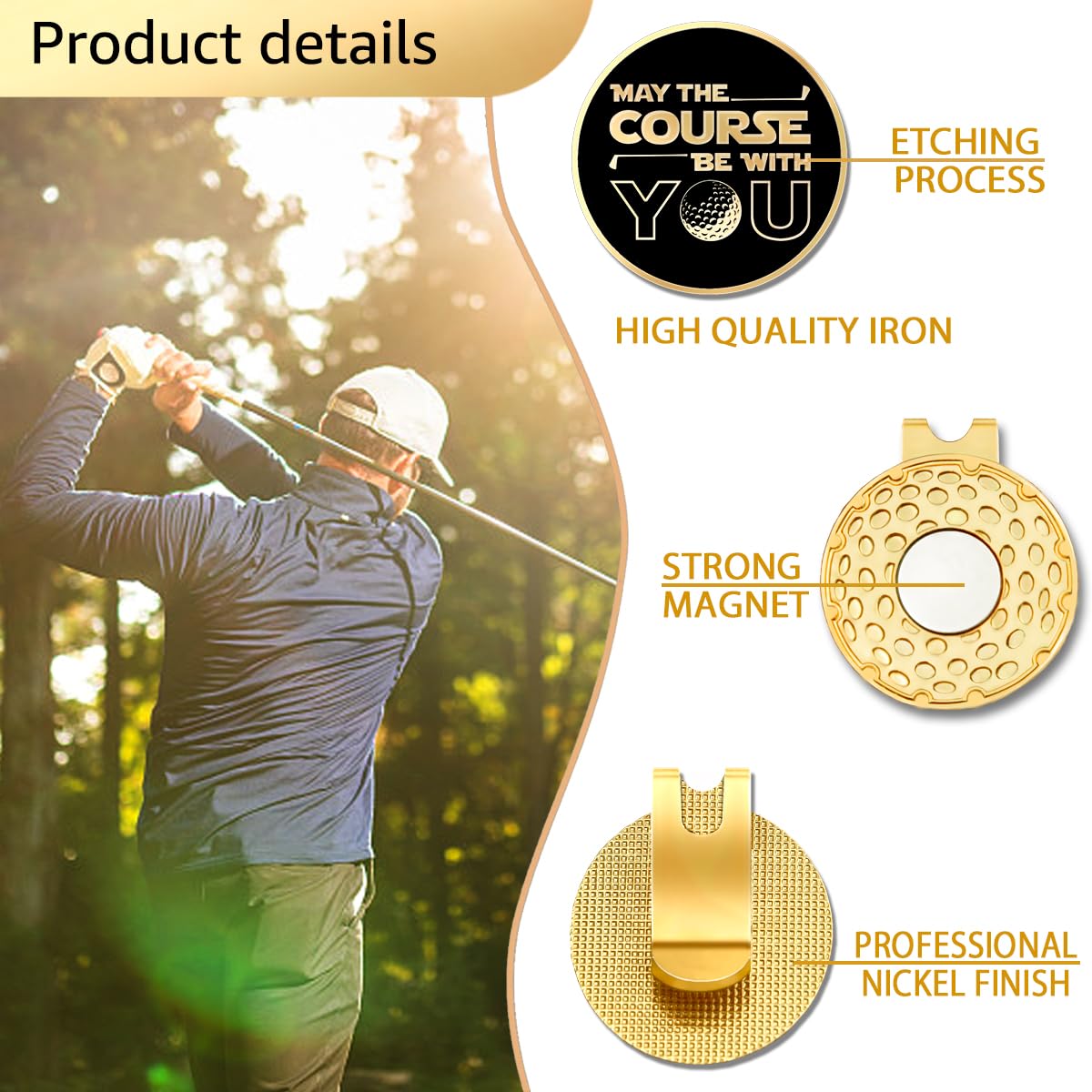 GEYGIE May The Course Be with You Black Gold Golf Ball Marker with Magnetic Hat Clip, Funny Golf Gifts and Accessories for Men Women, Birthday for Golf Fan, Golf Novelty Gift