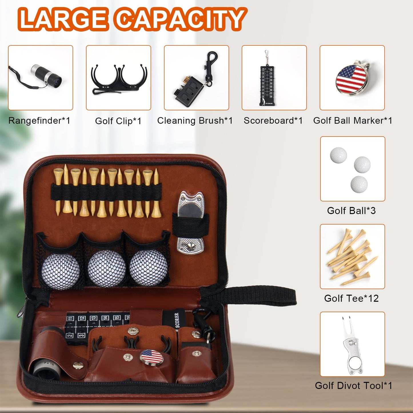 LEXICHER Golf Accessories Kit, Golf Stuff Set with Leather Case, Golf Balls, Golf Tees, Golf Brushes, Rangefinder, Scorer, Ball Marker, Golf Clips, Golf Divot Tool, Golf Gifts for Men Women Golfers