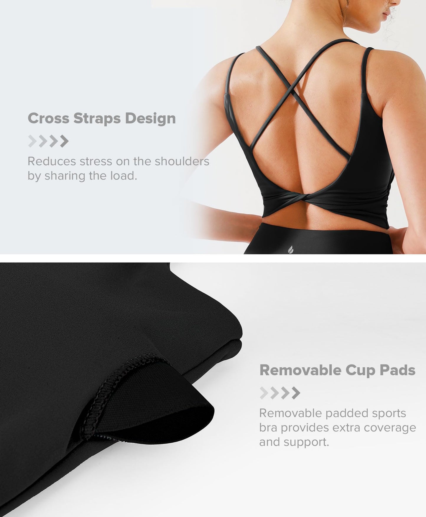 BRXL Womens Twist Back Sports Bra Longline Buttery Soft Low Impact Yoga Bra Removable Pads Scoop Neck Crop Top Black