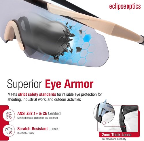 Eclipse Optics Shooting Glasses - ANSI Z87.1+ Safety Glasses with Anti-Fog, Scratch Resistance & UV Protection