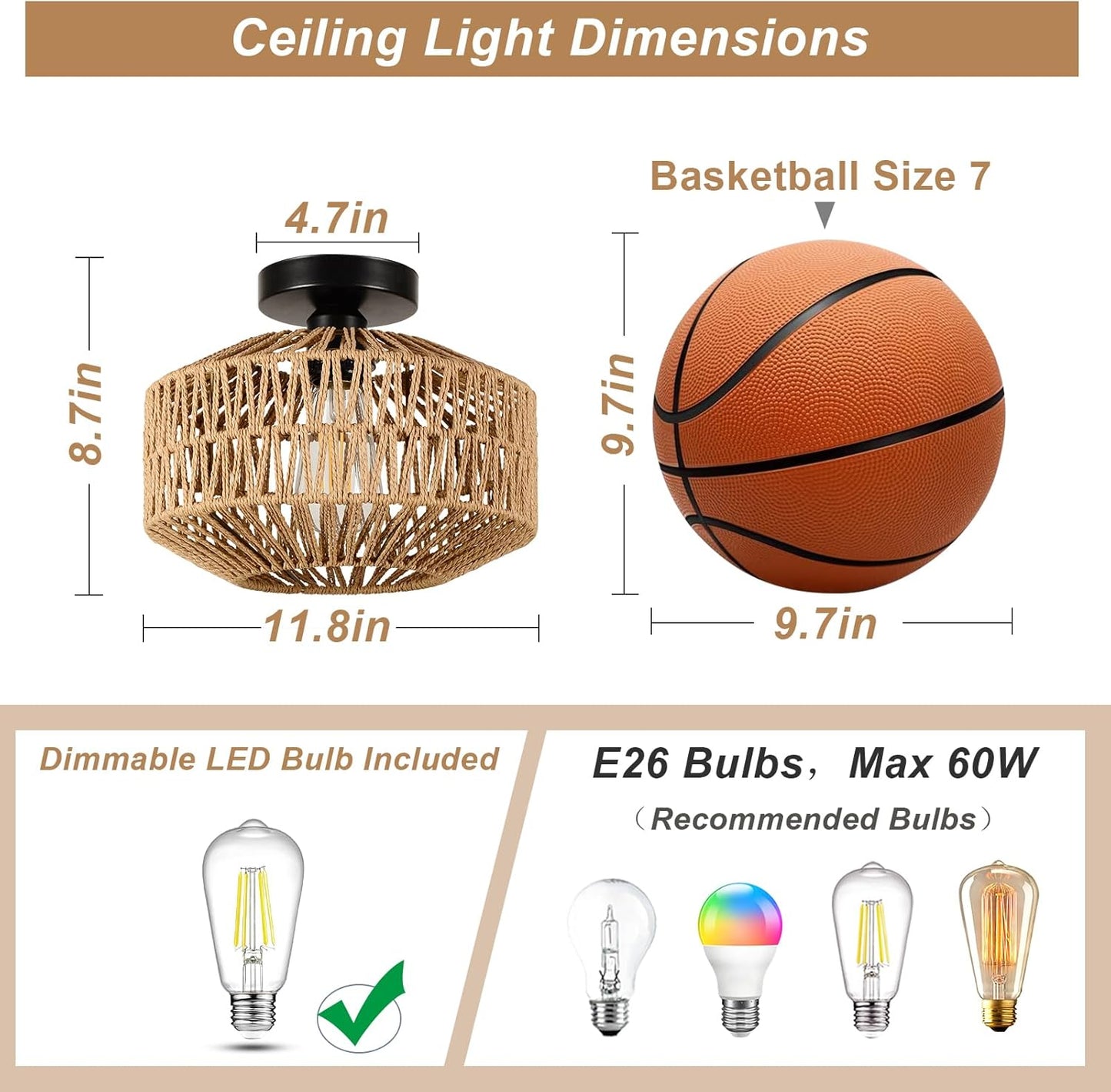 Boho Rattan Chandelier Ceiling Light Fixture with Dimmable LED Bulb - Hand Woven Flush Mount for Hallway, Bedroom, Kitchen & Living Room