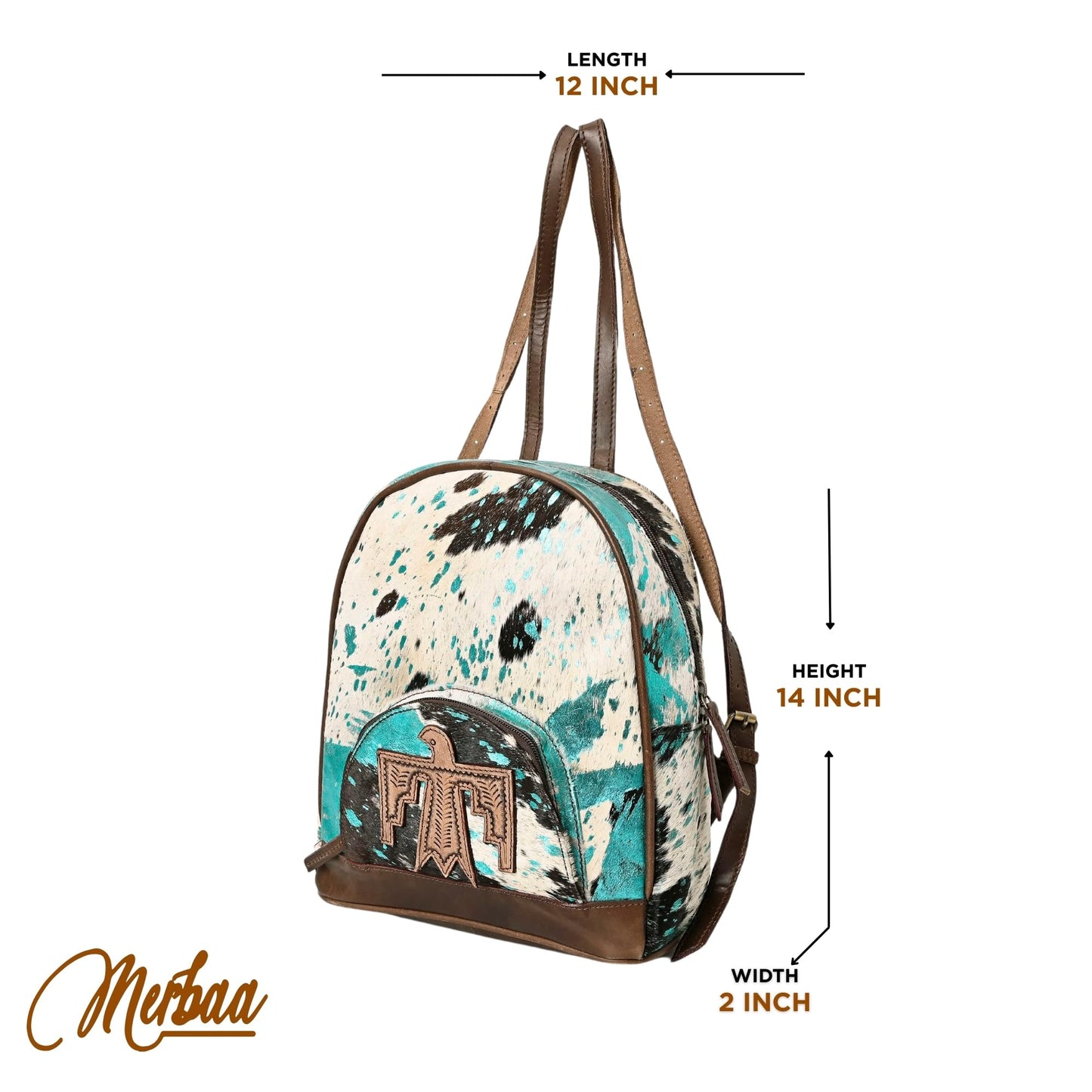 Merbaa Handmade Cowhide Leather Cotton Lining Zipper Closure Fashion Backpack For Women With Eagle Tooling Patch in Front, Teal Blue