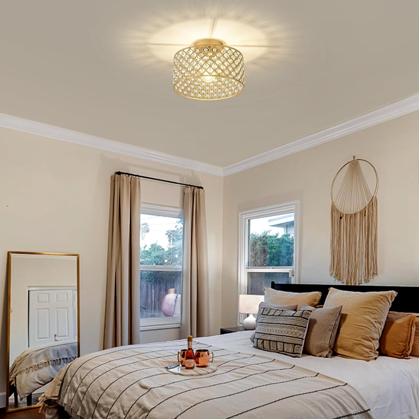 Modern Black Crystal Semi Flush Mount Ceiling Light Fixture - 11.2" Round Chandelier for Dining Room, Hallway, Kitchen & Bedroom