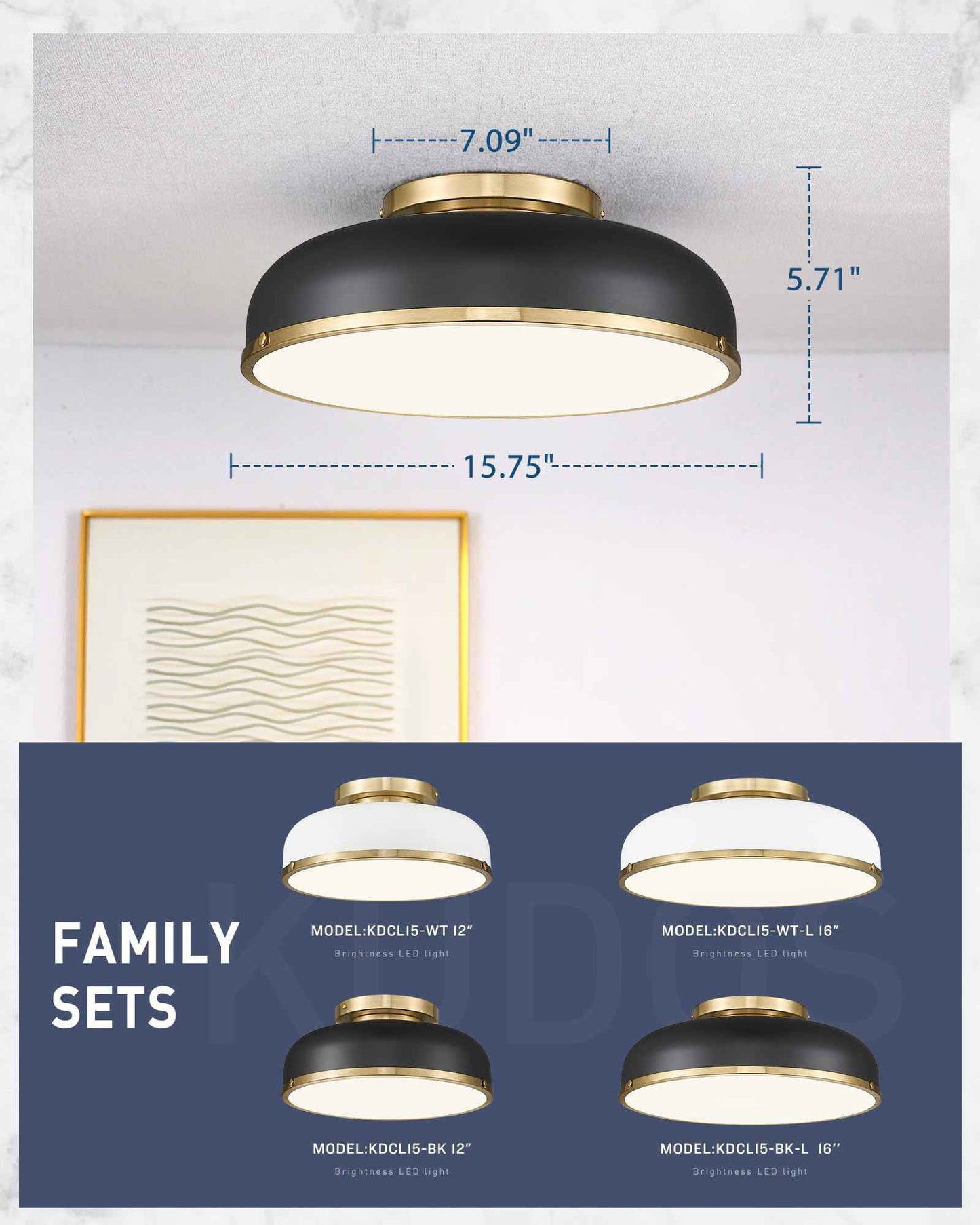 kudos Ceiling Light, 16-inch LED Flush Mount Ceiling Light, Black and Gold Finish, 30W/1900lm Light Fixtures Ceiling Mount for Bedroom,Hallway, 3000K/3700K/4500K/5100K/6000K Adjustbale, KDCL15-BK-L