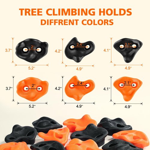 TOPNEW 20 Ninja Tree Climbing Holds for Kids Climber, Orange & Black Tree Climbing Kit with 6 Ratchet Straps for Outdoor Ninja Warrior Obstacle Course Training