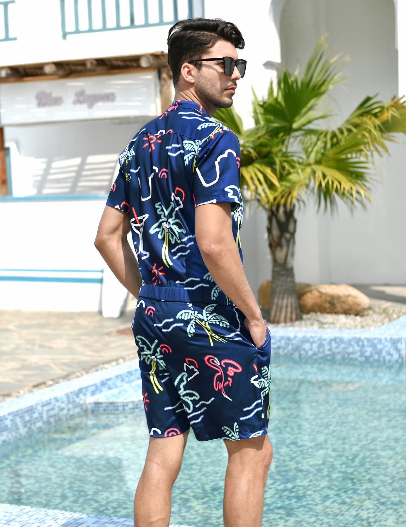 UNIFACO Mens Romper Hawaiian Outfits Coconut Tree Neon Print One Piece Zip Jumpsuit Rompers Navy Overall Party Shorts with Pocket L