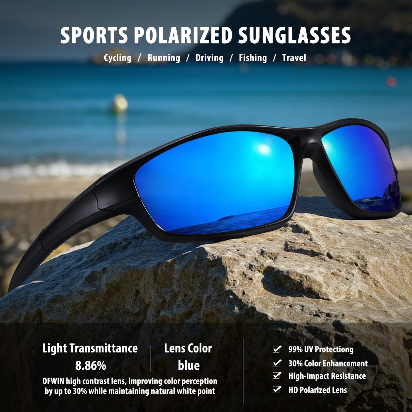 Ofwin Polarized Sports Sunglasses for Men Women Driving Cycling Fishing Wrap Around Sun Glasses UV400 Protection Matte Black Frame/Blue Mirror Lens