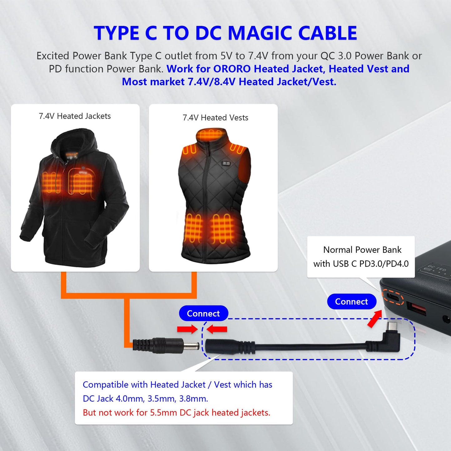 Wamlet 7.4V Heated Jacket and Heated Vest Battery Step-up Adapter Charger for Ororo,Venustas,WASOTO,Topdot, and Gobi Heat Heated Garments and Heated Seating(Black,2pcs)