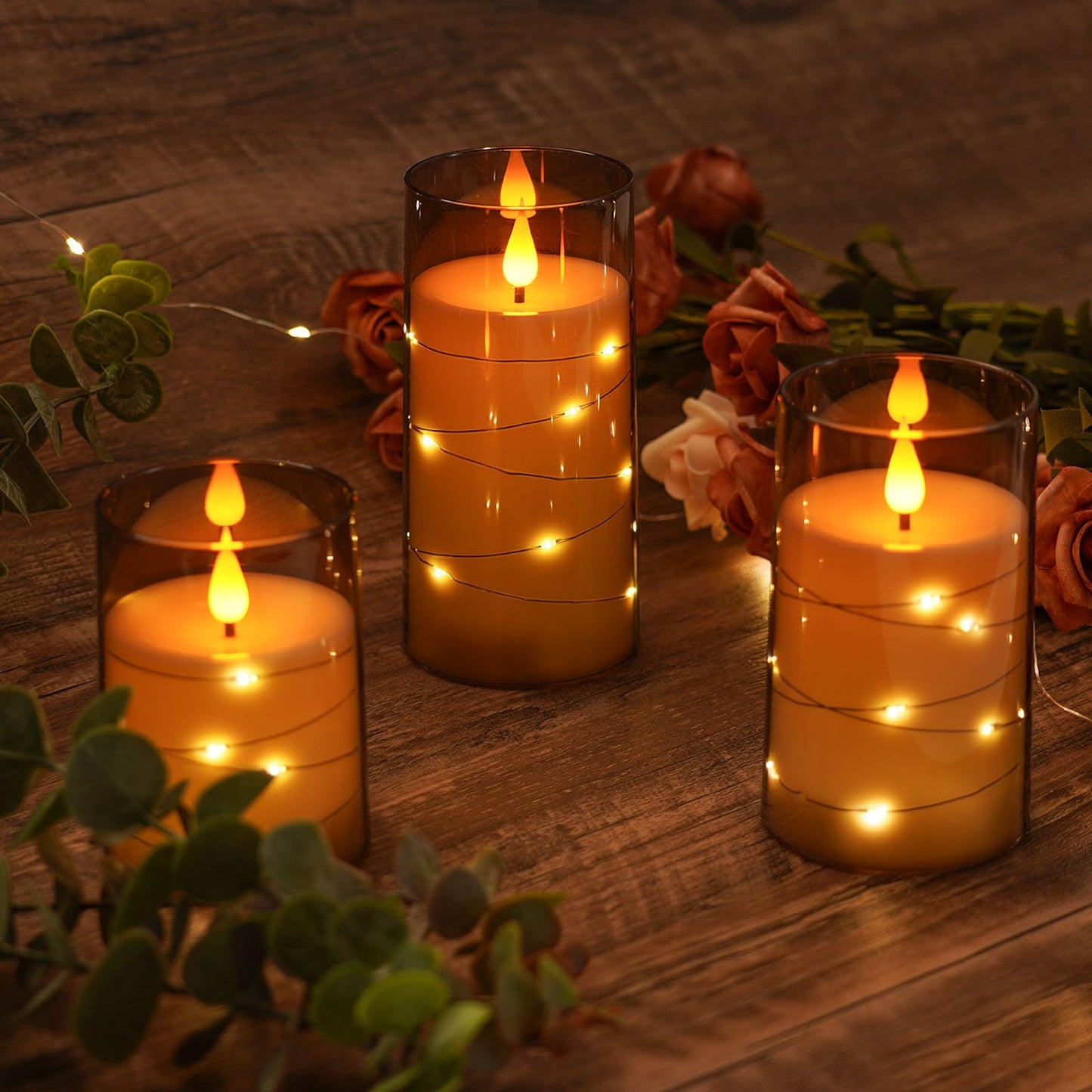 Amagic Grey Flameless Candles with Remote, Flickering Battery Operated Candles with Embedded Fairy Lights, Acrylic LED Candles with Timer for Halloween Home Bohemian Decor, 3D Wick, D3 x H4 5" 6"