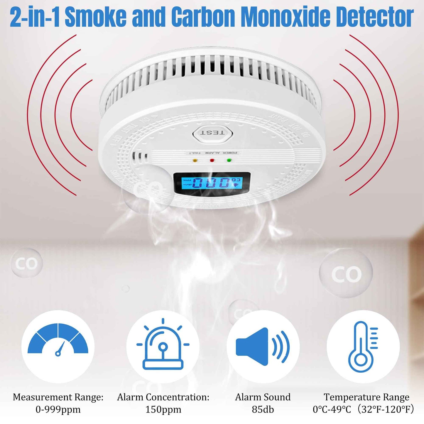 GQIRIL Smoke and Carbon Monoxide Detector - Battery Powered Monoxide Alarm with Dual Sensor and Digital Display, Portable Fire and CO Warning Light Indicators for Kitchen Home Garage (No Battery)