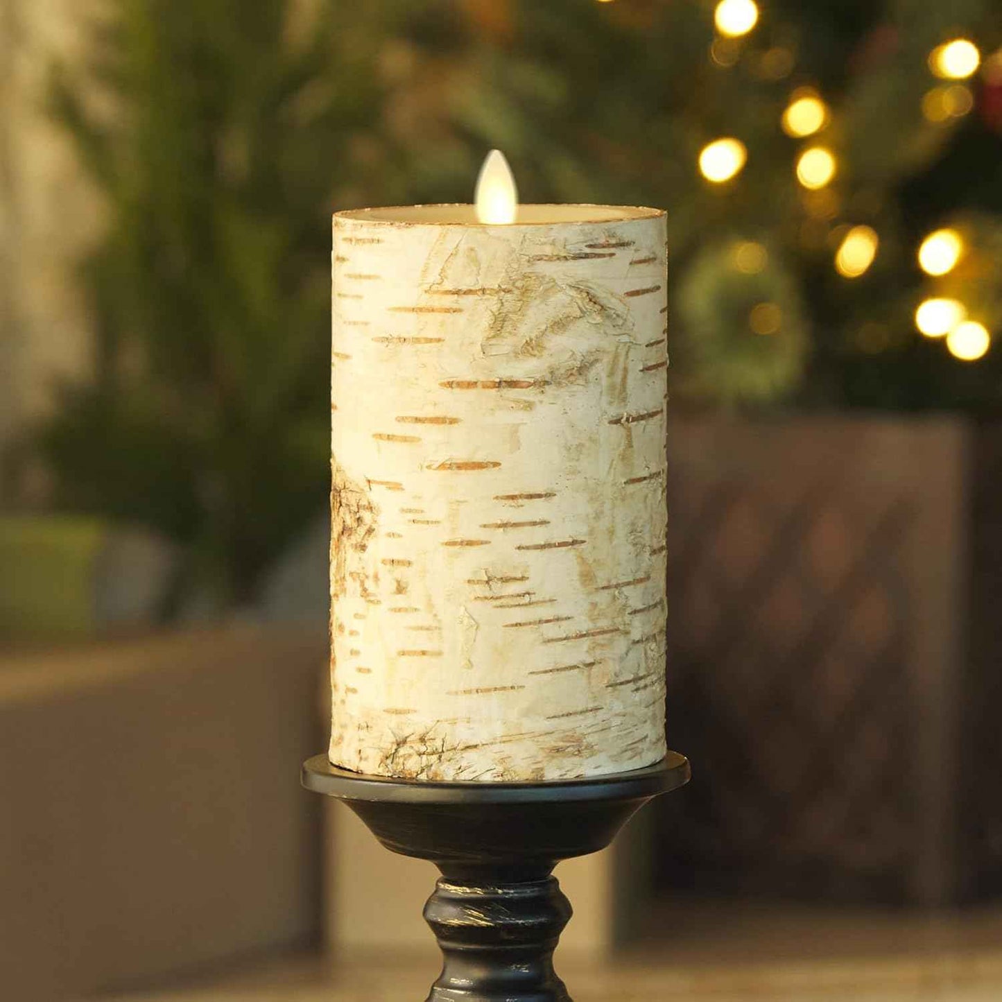 Realistic Moving Flame LED Pillar Candle with Birch Bark - Battery Operated, Remote Ready, 4x7