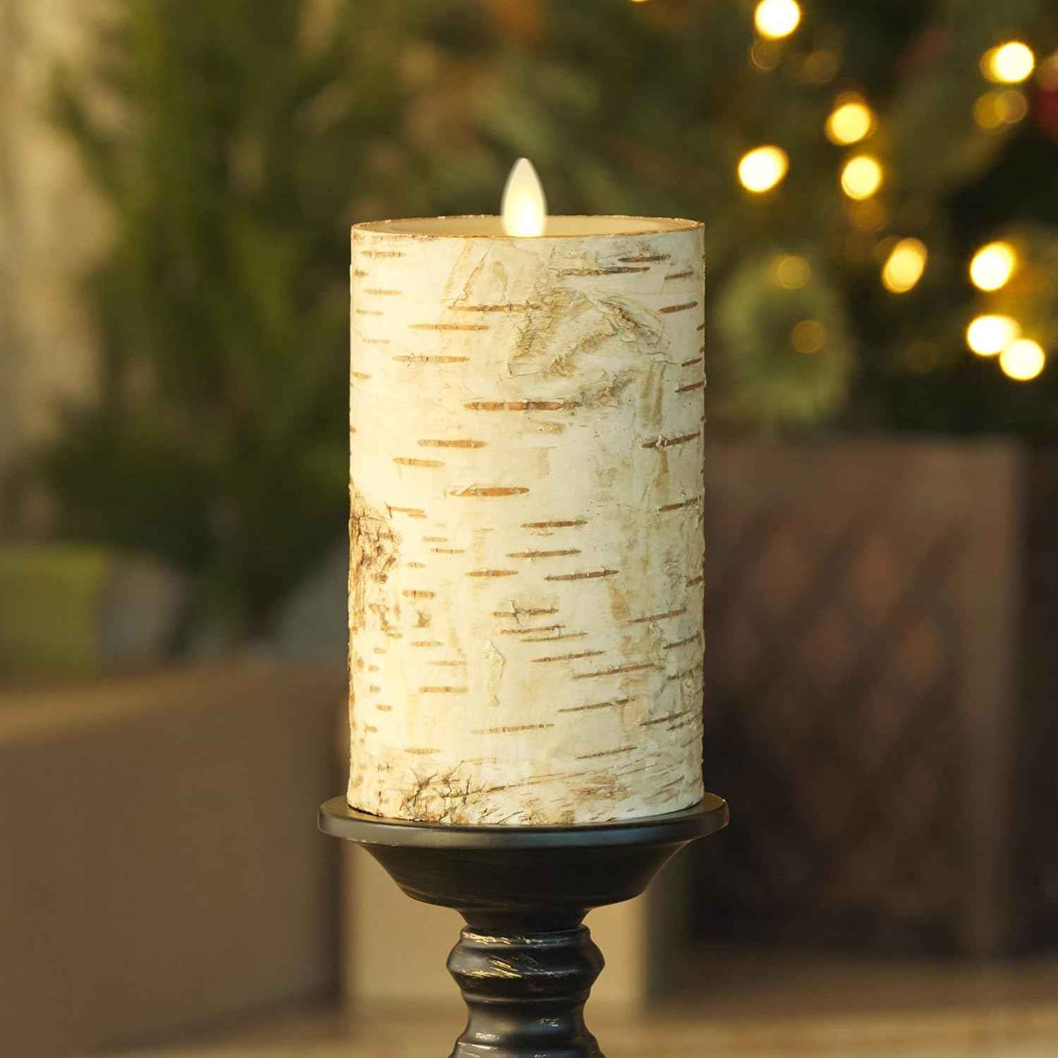 Realistic Moving Flame LED Pillar Candle with Birch Bark - Battery Operated, Remote Ready, 4x7