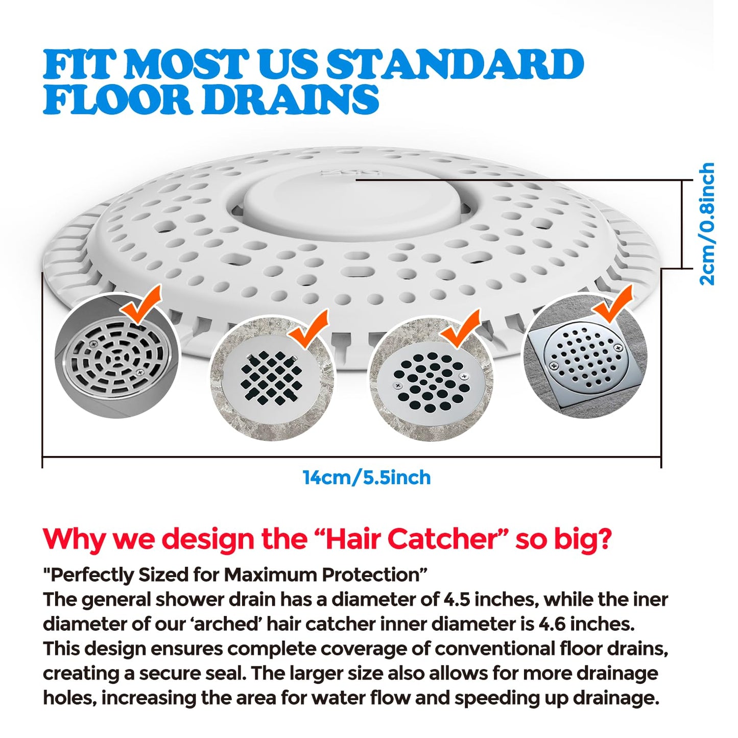 zaa Shower Drain Hair Catcher, 2 Pack Premium Silicone Drain Protector & Shower Drain Cover for Regular Drains of Shower Room and Bathroom, White