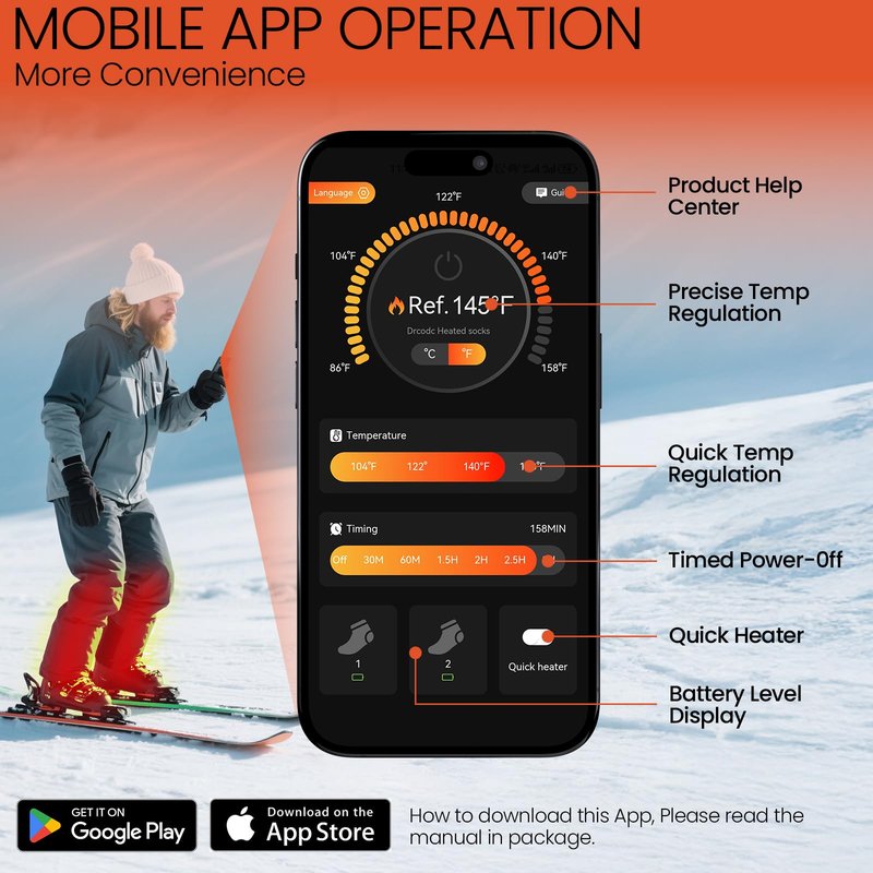 SURGOAL 2 Pairs Heated Socks, 15-Hour Runtime & 145°F Heating, Merino Wool Ski Socks with 2×8500mAh Rechargeable Electric Battery, APP-Controlled Men Women Hunting, Camping (Blue-Orange, OS)