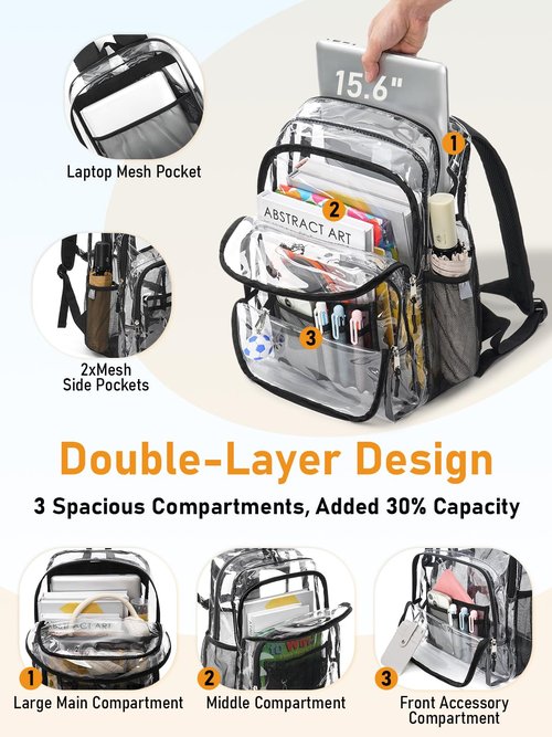 Flowston Double Layer Large Clear Backpack, 17 inch Transparent TPU Clear Bookbag, Heavy Duty See Through Backpack for College, Work, Travel, Casual Sport, Black