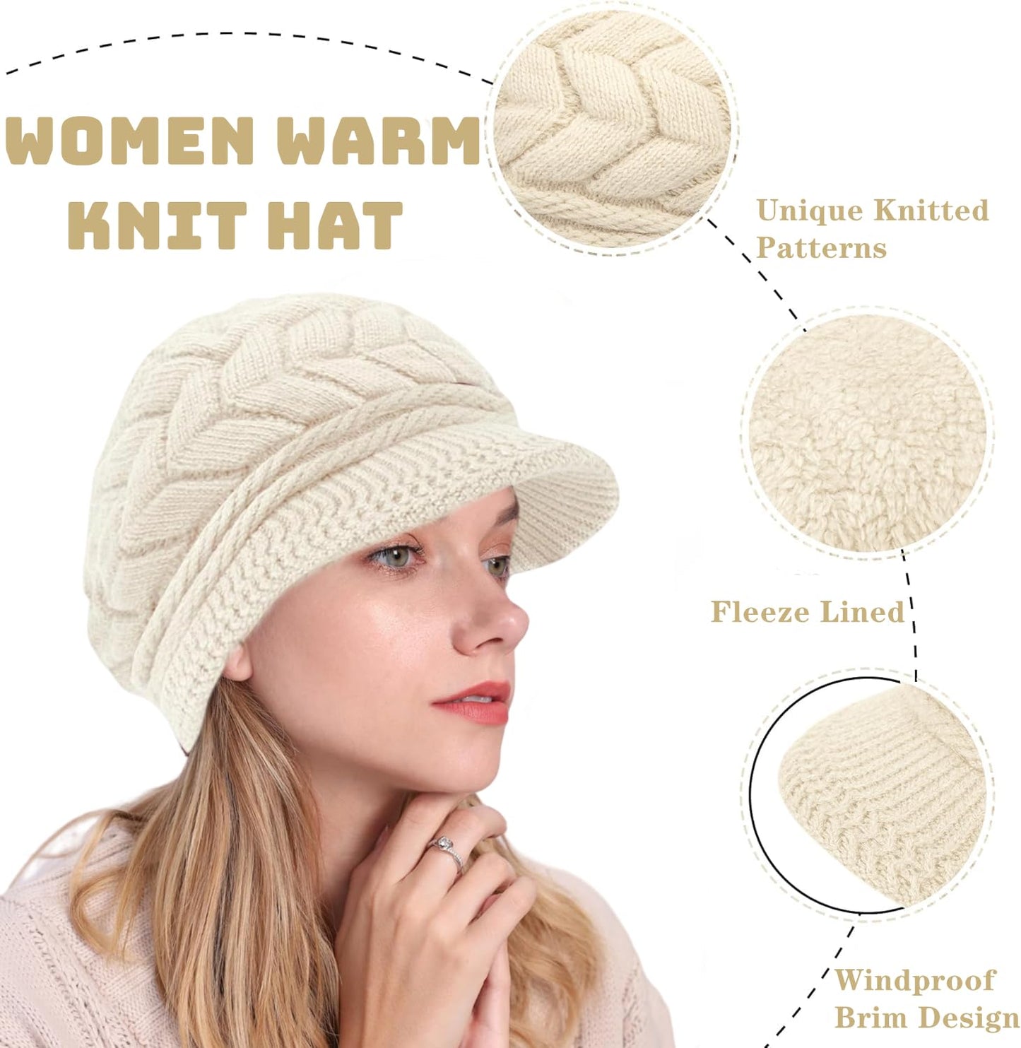 stablerice 4 Pack Womens Winter Beanie Hats Thick Warm Knit Hat with Visor Brim Wool Snow Ski Caps Chunky Soft Slouchy Cap Women Newsboy Caps Ladies Hat Knit Hats for Women