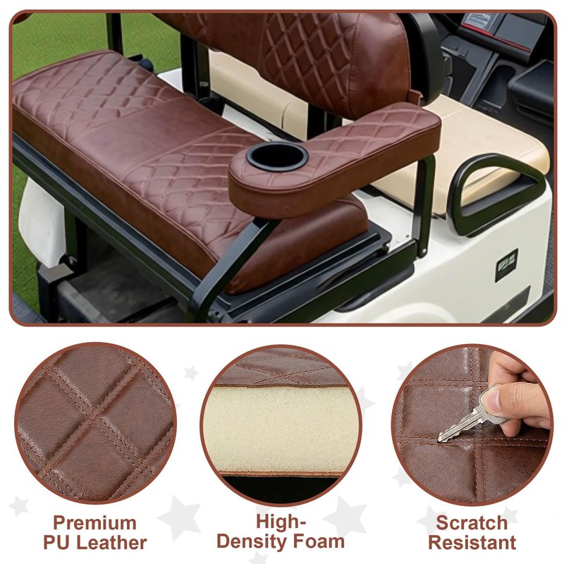 NOKINS Golf Cart Armrest with Cup Holder for EZGO/Club Car/Yamaha, No Drilling Required, Golf Cart Flip Hinged Armrest for Rear Seat with 1 inch Square Tube Frame (Brown&Brown 8438)