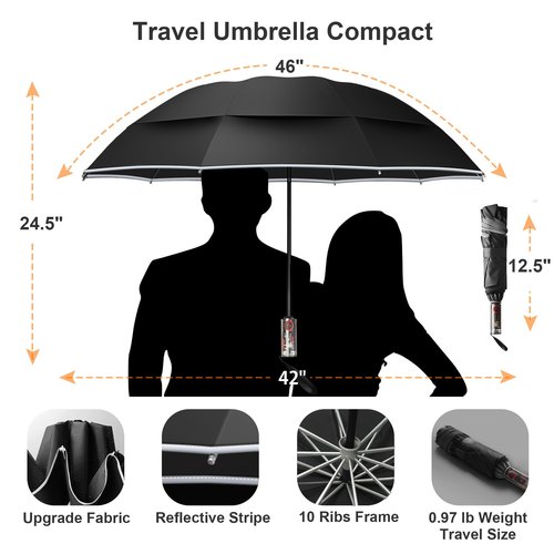Urvoix Compact Golf Umbrellas Windproof, Travel Umbrella for Rain, 10 Ribs Aluminum Alloy & Fiberglass w/Reflective Stripe, Double Canopy Automatic Anti-bounce Close (Black)