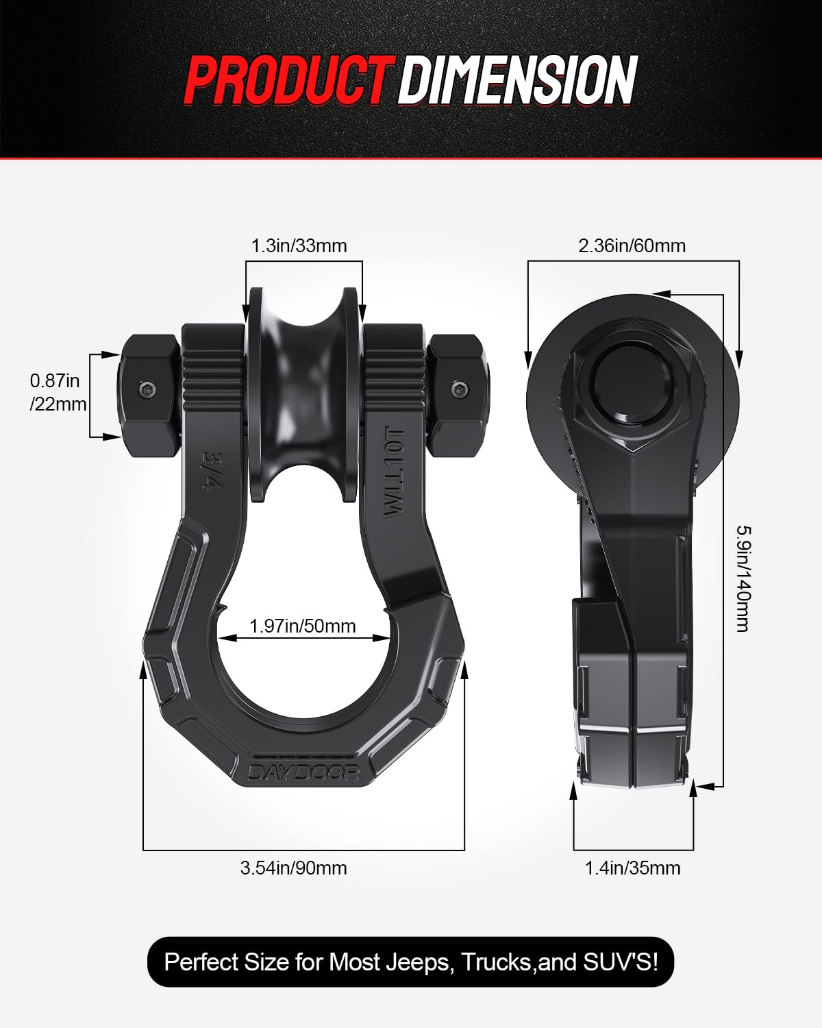 DAYDOOR D Ring Shackles with Snatch Block, 45,000Lbs Break Strength Towing Winch Shackle, 3/4" Heavy Duty Shackles with 7/8" Screw Pin for Off Road Vehicle Recovery(2 Pack, Black)