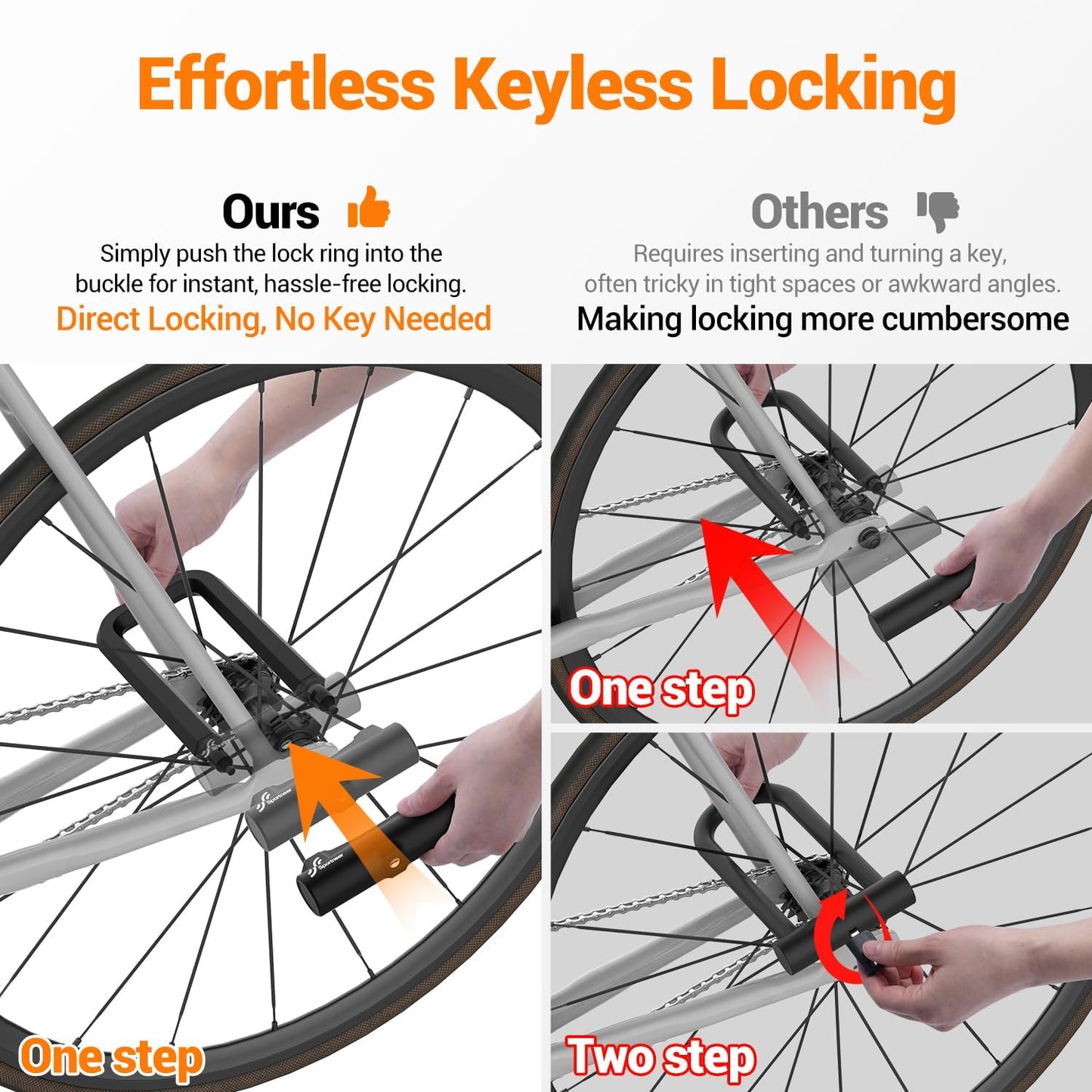 Sportneer Bicycle Lock - 18mm Heavy-Duty Anti-Theft U Lock with 5ft Security Cable & 3 Keys | Fits Road & Mountain Bikes, Size 8.58'' x 4.85''