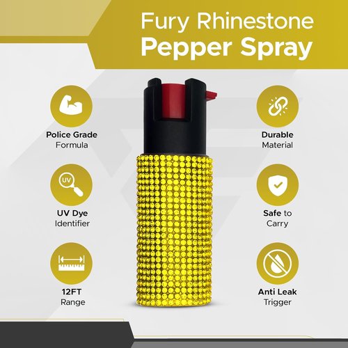 FURY Rhinestone Pepper Spray - Max Strength 12Ft Range | UV Dye Identifier & Anti-Leak Design