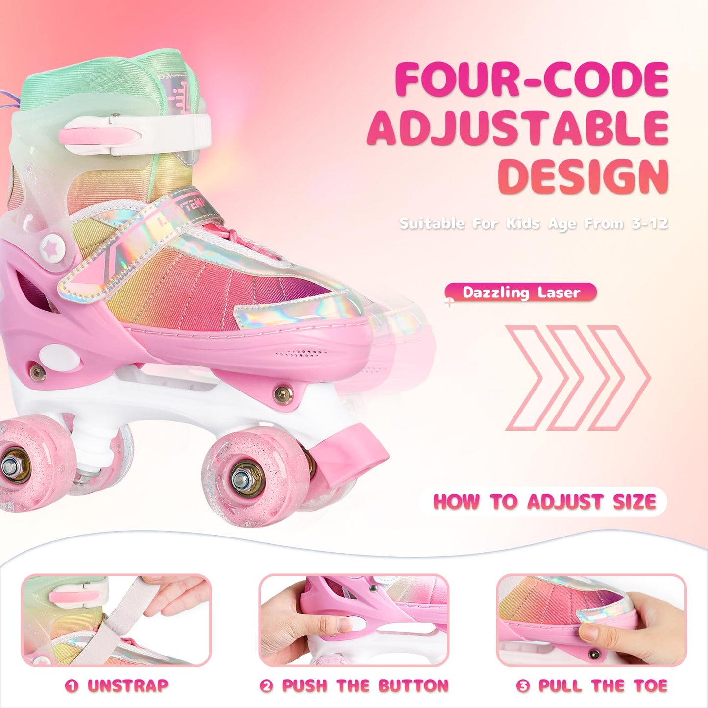 LEVYTEMP Rainbow Roller Skates for Girls Kids, Gradient Pink 4 Size Adjustable Quad Skates Size Medium Ages 6-12 with All Light Up Wheels for Kids Youth Outdoor Indoor
