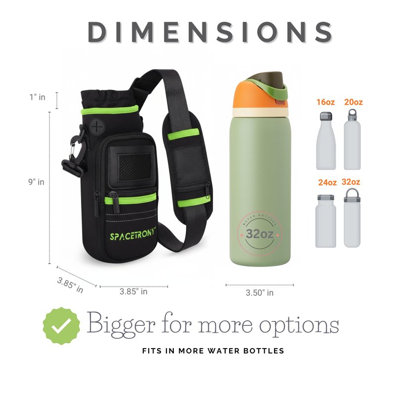 Neoprene Water Bottle Sleeve for 12/20/32 oz Bottles - Water Bottle Holder with Straps for Shoulder/Crossbody - Pockets for Phone, Keys & Cards – Sling Bag for Outdoor/Running/Hiking/Camping (Green)