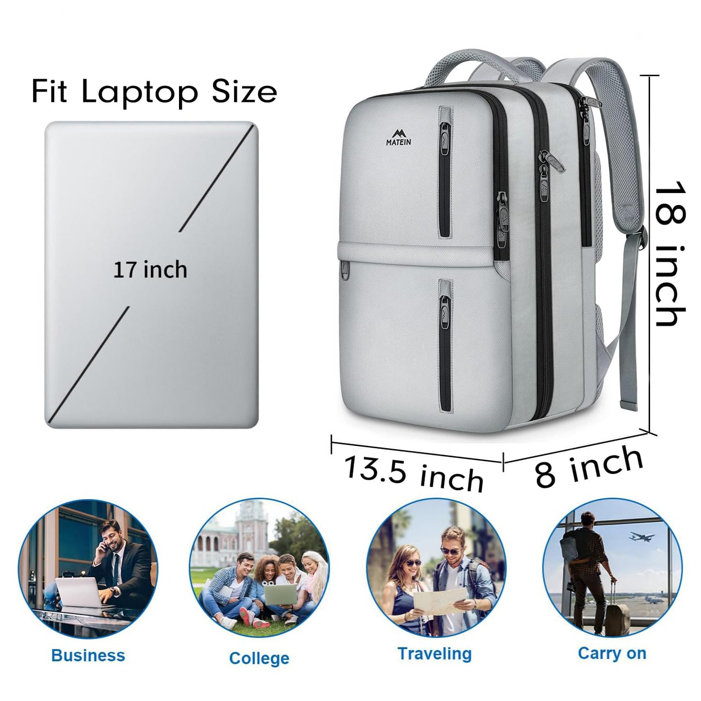 MATEIN Travel Backpack for Women & Men, Airline Approved Carry on Backpack for Airplanes with Shoe Compartment, Large Personal Item Travel Bag fits 17" Laptop, Water Resistant Weekender Daypack, Gray