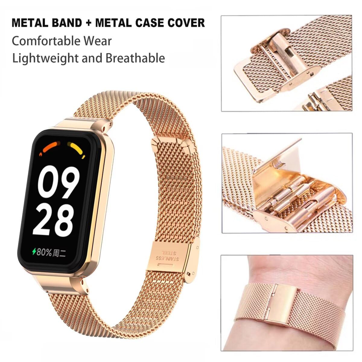 T-BLUER Compatible for Xiaomi Redmi Band 2 Bands,Stainless Steel Metal Replacement Strap Bracelet Wristband Accessories with Metal Frame for Xiaomi Smart Band 8 Active